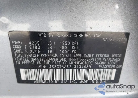 2018 Subaru Impreza 2.0I z USA, uszkodzony, nr VIN 4S3GTAA62J3734489